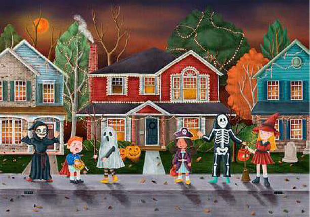 graphic of children on a street on Halloween